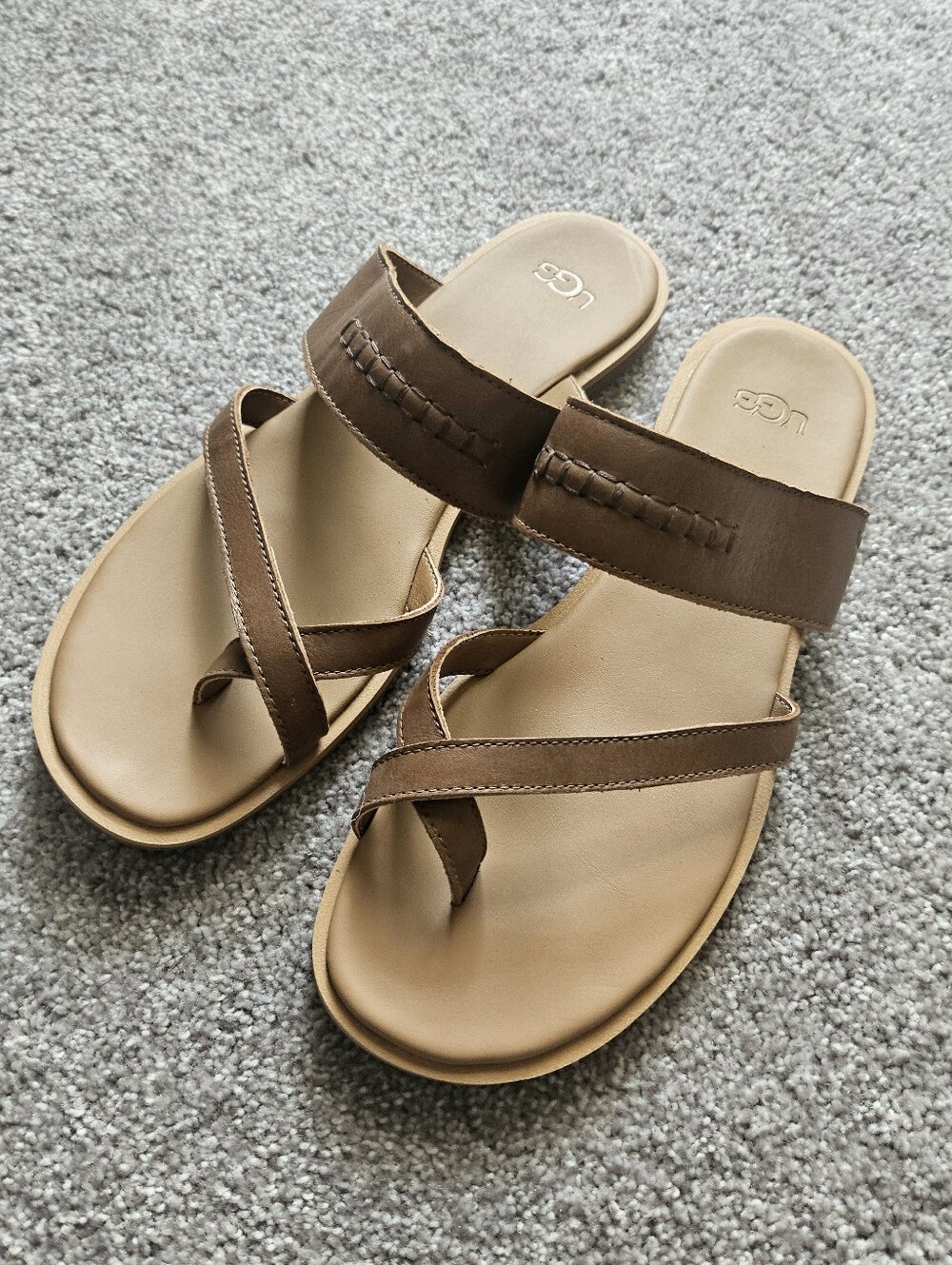 UGG Brown Leather Toe-Loop Slide Sandals